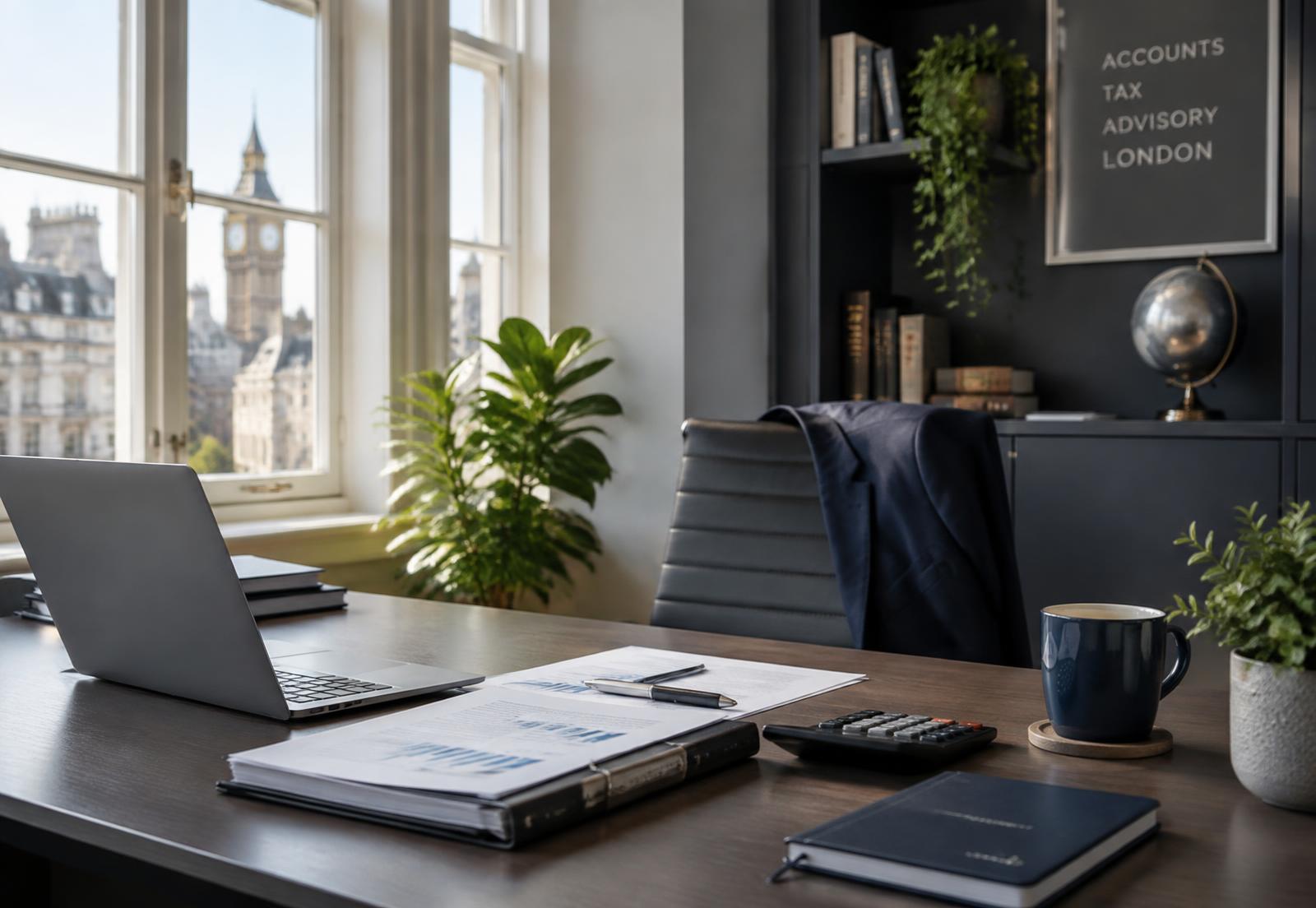 Desk in a Wimbledon accountancy office with accounts, a laptop and a calculator